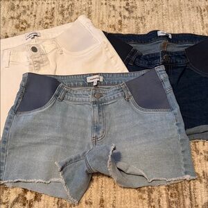 Motherhood Maternity Jean Shorts Trio - White, Light Blue, Dark Blue